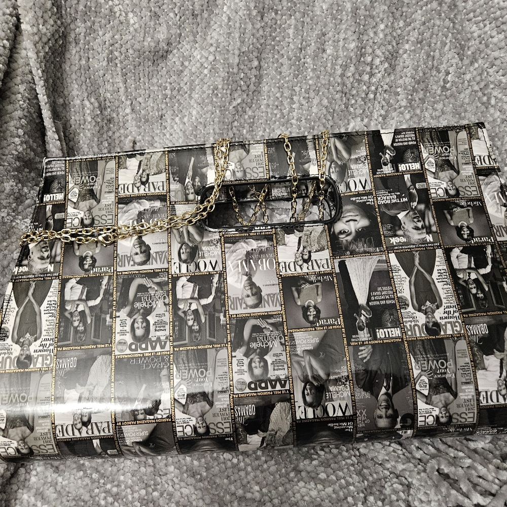 Glossy magazine cover collage clutch